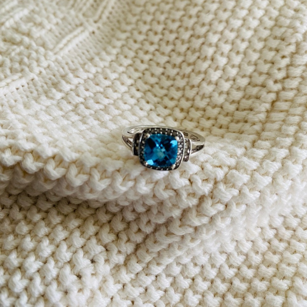 Masterpiece Sterling Silver Blue Topaz & Lab White Sapphire Halo Ring Size 7